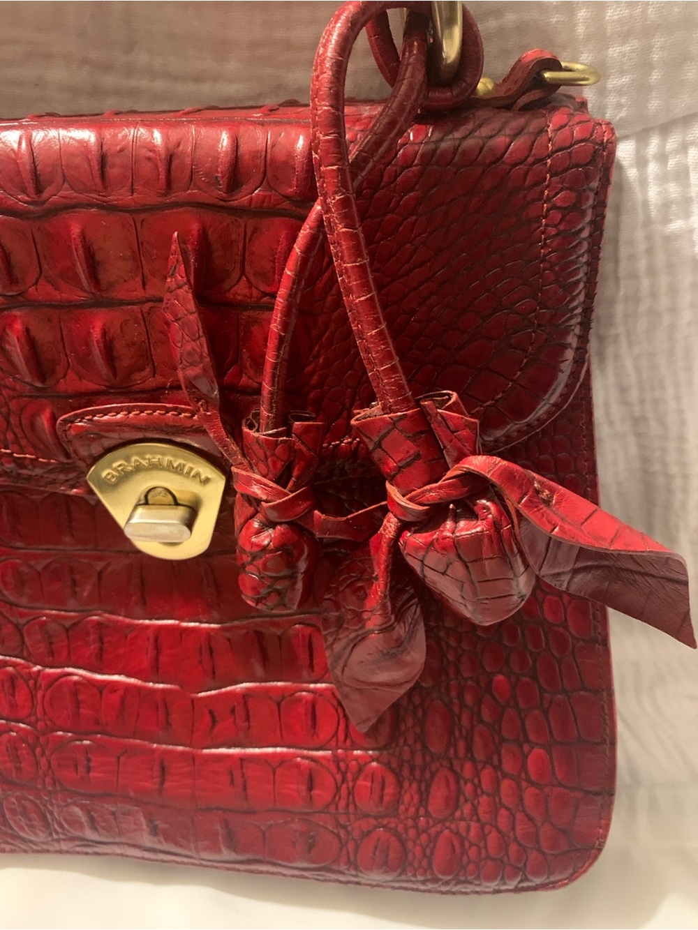 Brahmin Red Olivia Rose Melbourne Leather Bag Croc-Embossed Crossbody Satchel